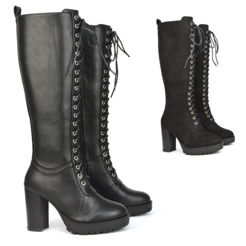 Womens Knee High Boots Ladies Black Combat Winter Heeled Lace Up Biker Size 3-8 - Picture 1 of 13