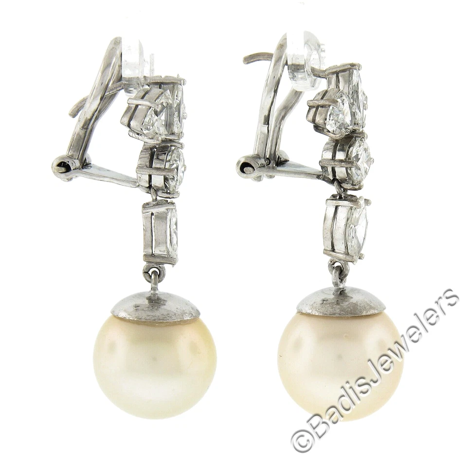 White Gold GIA Large Saltwater Cultured Pearl & Diamond Dangle Drop Earrings - Image 4 of 4