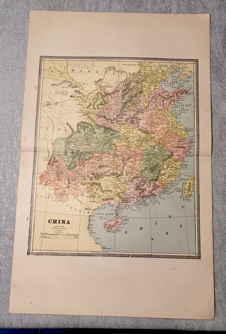 Large Antique 1800’s Color Map Of China By Geo Cram! India Empire On Backside!