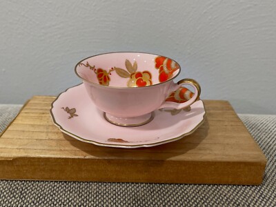 Antique Rosenthal Pink Porcelain Miniature Tea Cup & Saucer w Red & Gold Flowers
