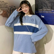 Women Girl Polo Shirt Sweatshirt Pullover Top Cute Bear Kawaii Loose Preppy