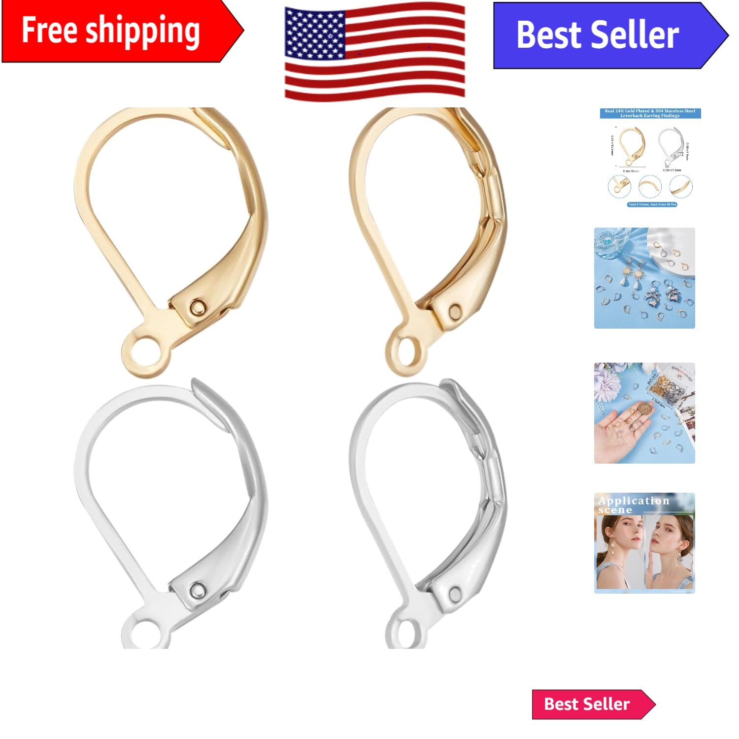 100Pcs 24K Gold Plated Earring Hooks in Colors DIY Jewelry