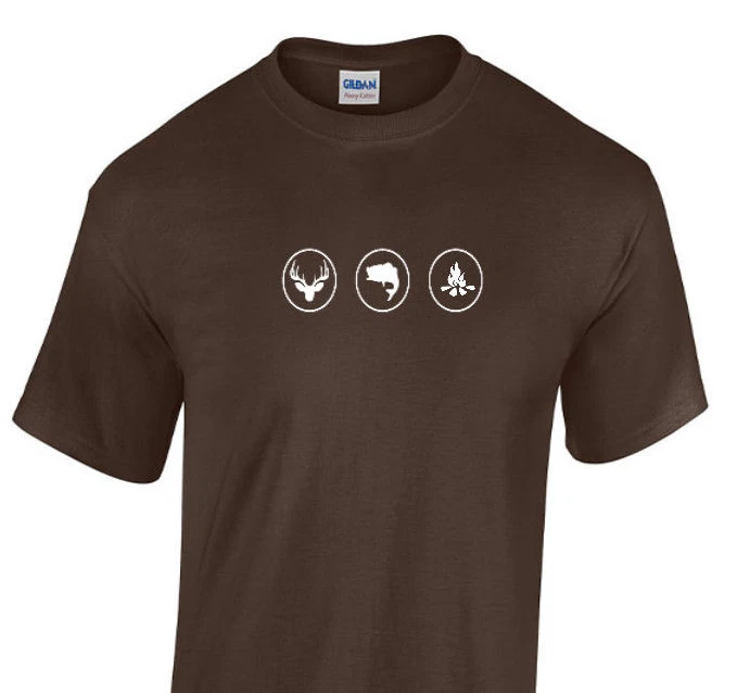 Hunting Fish Camp Symbols Camping T-shirt Chocolate Brown White Tee Shirt S-3XL
