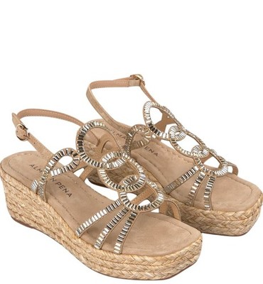 ALMA EN PENA DAMEN SANDALE MIT MITTELKEILABSATZ WILDLEDER NERZ KREISE STRASS V2551454
