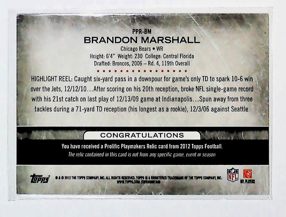 2012 Topps #PPR-BM Brandon Marshall Prolific Playmakers Relics - Image 2 of 2