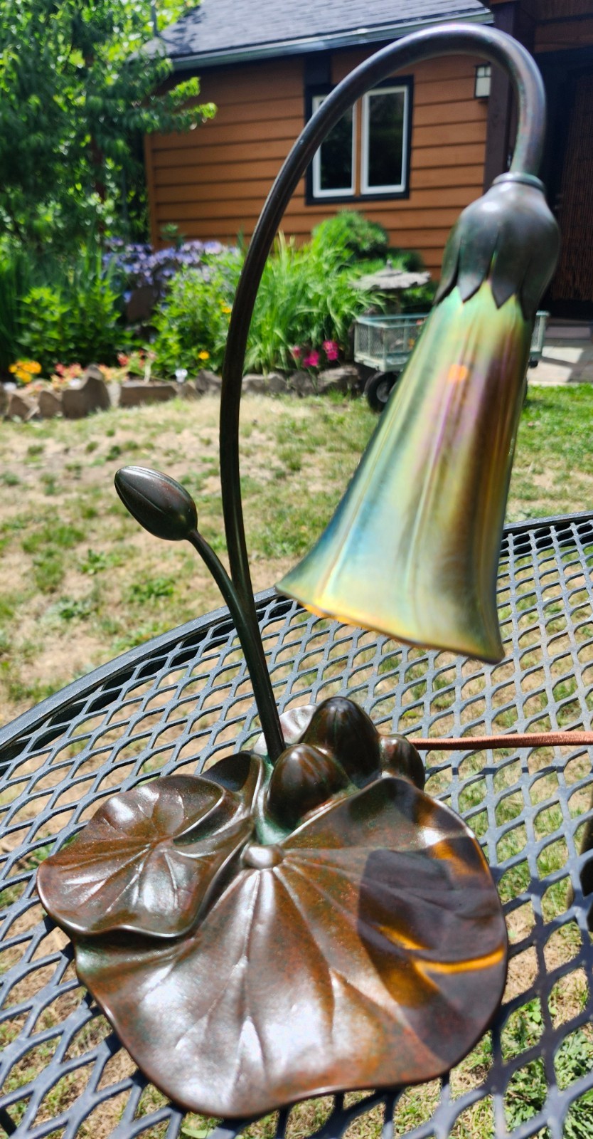Vintage 1982 Buffalo Studios Favrile Bronze Lily Pad Table Lamp John Cook Shade