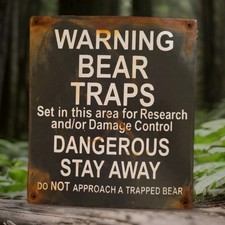 Vintage Porcelain Bear Trap Sign US Forestry Service Wildlife Gas Oil