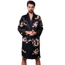 Haseil Mens Satin Robe Silk Kimono Robe Long Sleeve Bathrobe Dragon Lightweig...