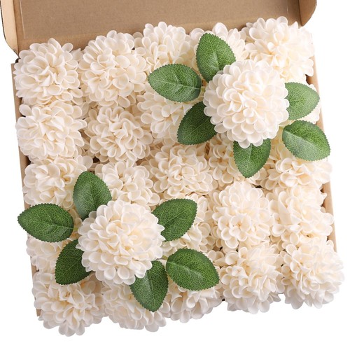 Hydrangea Artificial Flowers Dahlia Fall Decorations 25pcs Cream Yellow Faux ...