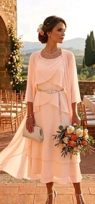 Mother of the Bride Peach Dress Set Beaded Midi Layered w/ Sheer Jacket 16  | eBay