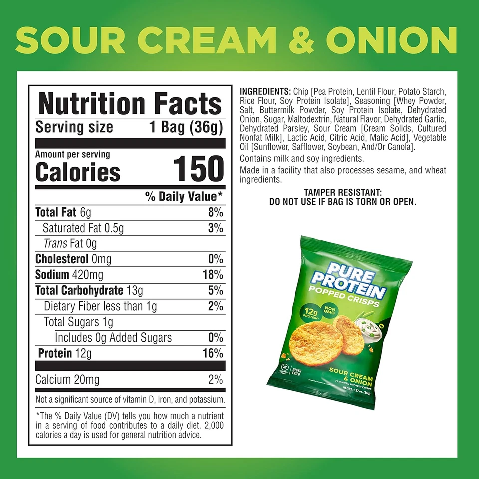 Pure Protein Popped Crisps Sour Cream Onion High Protein Snack 12g Protein 12 Ct - Image 2 of 4