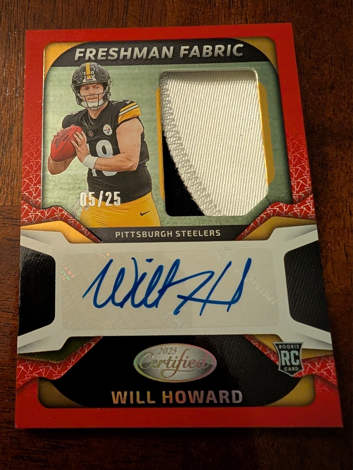 2025 Panini Certified Will Howard Red Freshman Fabric RPA Auto # /25 RC Steelers