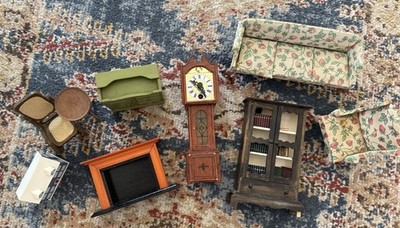 Vintage Dollhouse Furniture Rocking Chair Sofa Book Shelf Grandfather Clock
