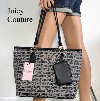 Juicy Couture Black Print Tote Bag  WITH a Black Key Chain Coin Pouch Charm -NWT