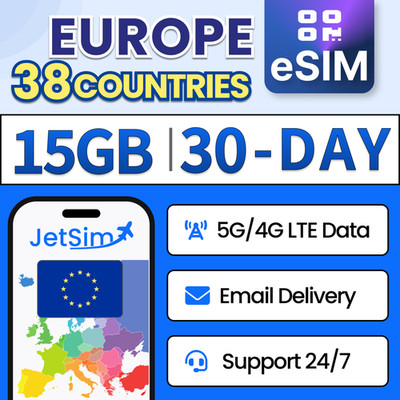 JetSim Europe Travel eSIM (30 Days) 15GB High-Speed Data, 38 EU Countries SIM