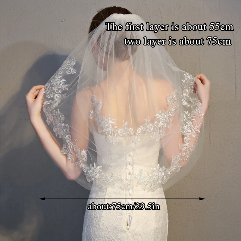 Velo de novia corto de encaje de dos capas con peine hasta el codo velo de boda blanco marfil⇓ Foto 2 de 4