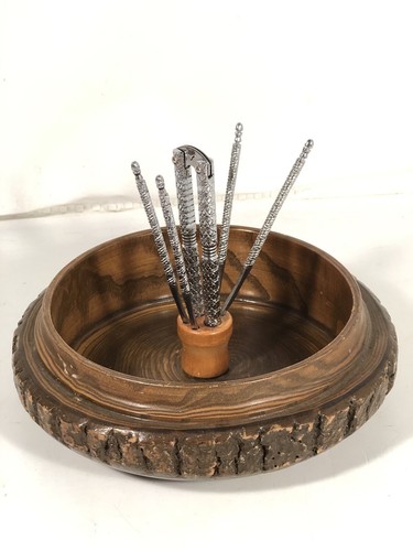 Vintage Ellwood Handmade Rusticware Wood Bark Nut Bowl w Nutcracker & Picks USA - Picture 2 of 12