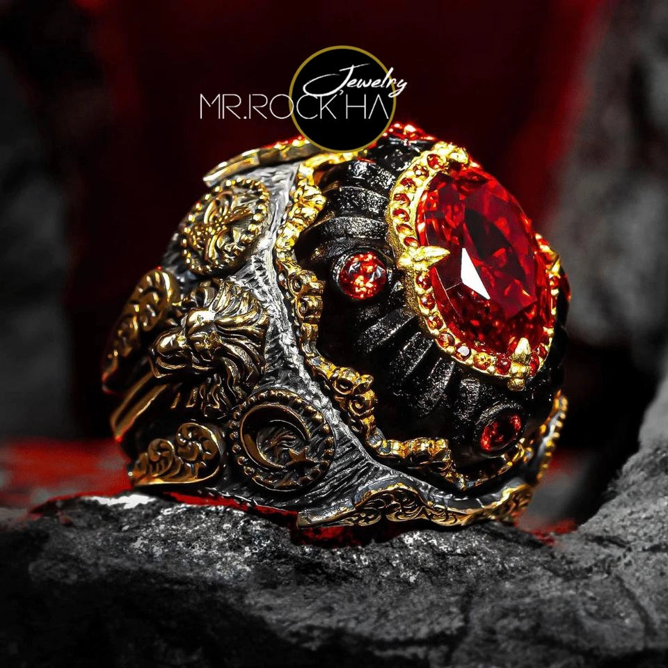 Anillo de hombre de plata de ley 925 con circón rojo, león melena en relieve, chapado en oro, hecho a mano Foto 2 de 4