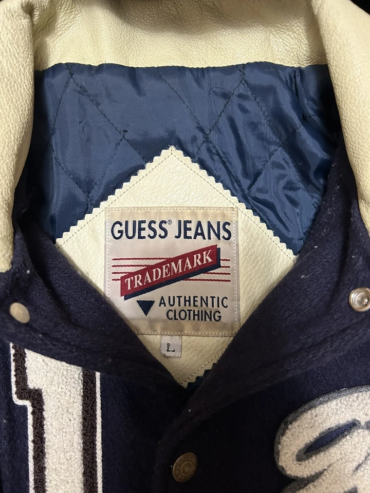 Chaqueta de bombardero de cuero Guess vintage talla L años 90 lana leyendas universitarias Letterman Foto 3 de 4