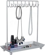 Silver Metal Jewelry Stand Necklace Display Organizer, Jewelry Tower w/ Tray