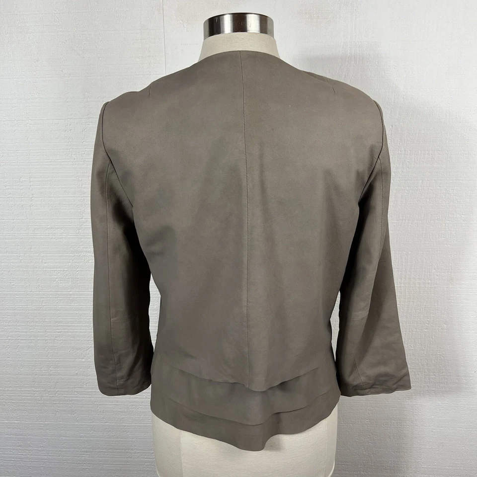 Jaqueta de Couro Joie M Feminina Bege Taupe Aberta Frente Camadas Bainha Sem Gola - Imagem 3 de 4