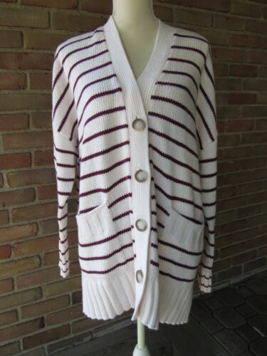 LOFT Cream Maroon Cardigan Sweater XL Striped Pockets V-Neck Buttons Chunky 2021 - Picture 2 of 14