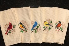 Embroidered Set Birds Cardinal Oriole Bluebird Goldfinch Robin Kitchen Towels