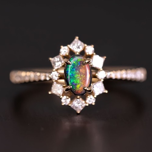 N1 Australian Black Opal Princess Diamond Halo Engagement Ring 18K Yellow Gold - Picture 3 of 10