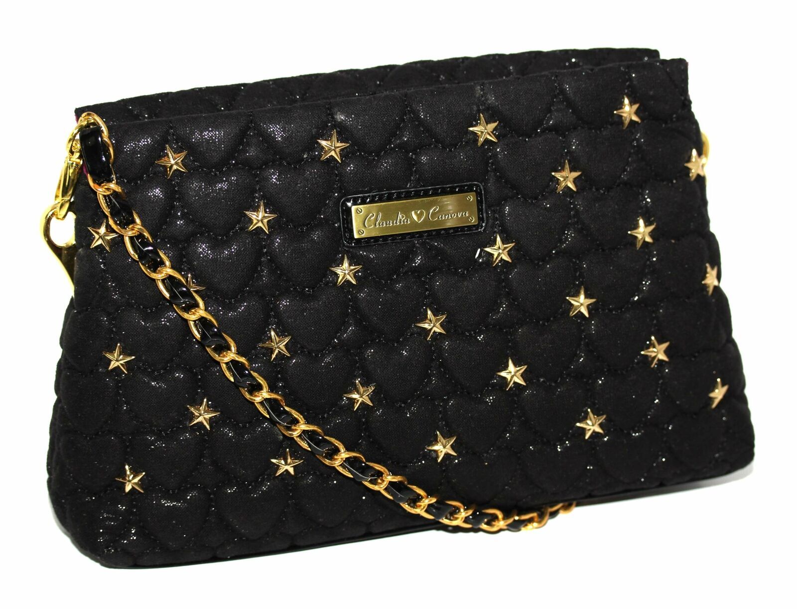 Claudia Canova Black Heart Quilt Gold Star Shoulder Clutch Bag [89475] 103069
