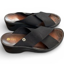 Bzees Desire Wedge Sandals Women's 8W Wide Black Cross-Band Slip On Stretch