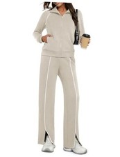Womens 2 Piece Outfits 2025 Fall Casual Zip Up Sweatsuits Small Dark Beige
