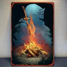 Dark Soul Bonfire Metal Tin Sign - 12x8" Rustic Wall Art with Crumbling Sword &