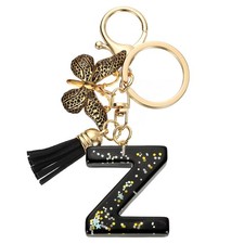 Initial Letter Keychains, Resin Cute Pendant with Butterfly  Tassel, Black-Z