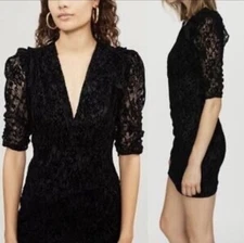 Maje Rimael Black Velvet Flocked Lace Puff Sleeve Mini Dress Sz 2 Party Cocktail