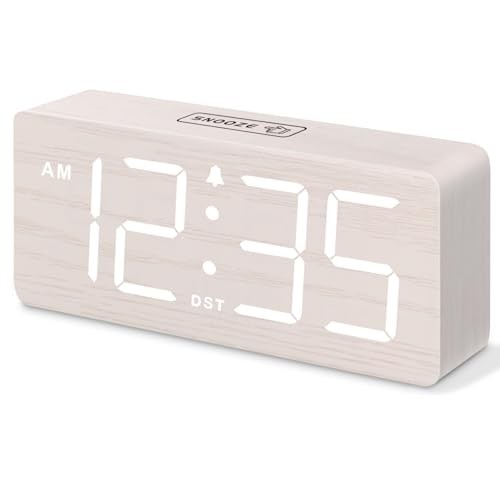 Wooden Digital Alarm Clock for Bedroom - Desk Clock for Living White (Plug-in)