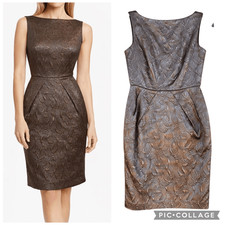 Banana Republic Golden Metallic Brocade Jacquard Sheath Pencil V-Back Dress Sz 4