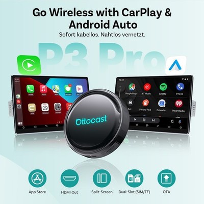 Ottocast P3 Pro Play Store AI Voice Kabelloses CarPlay Android Auto HDMI Out OTA