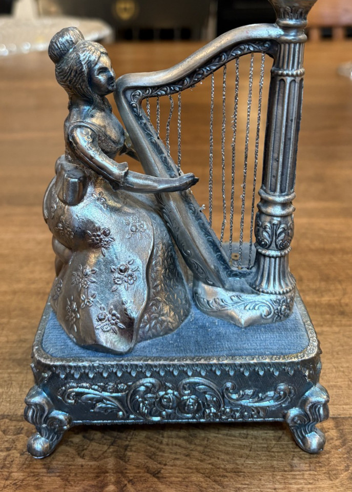 Vtg Pewter Music Box Woman Playing Harp - Arms Move -  "Music Box Dancer" Japan