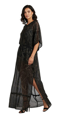 Roberto Cavalli Boho-Chic Black Maxi  Kaftan Dress Gold Print Details 38IT-4US
