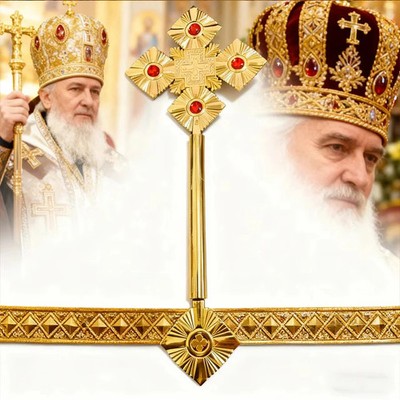 Orthodox Metal Cross 37cm Scepter Religious Ceremony Sacrament Inlaid Bright
