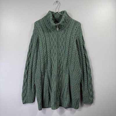 Aran Woollen Mills Sweater Womens XL Green Merino Wool Full Zip Cardigan Ireland