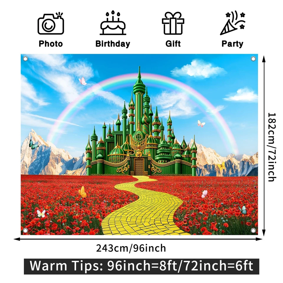 8x6FT Green Castle Wonderland Backdrop, Yellow Brick Road, Rainbow Garden, Props - Image 3 of 4