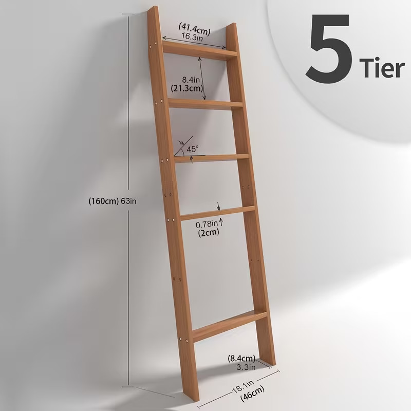 5 Tier Wooden Blanket Ladder Display Rack Towel Holder Shelf for Bathroom Decor