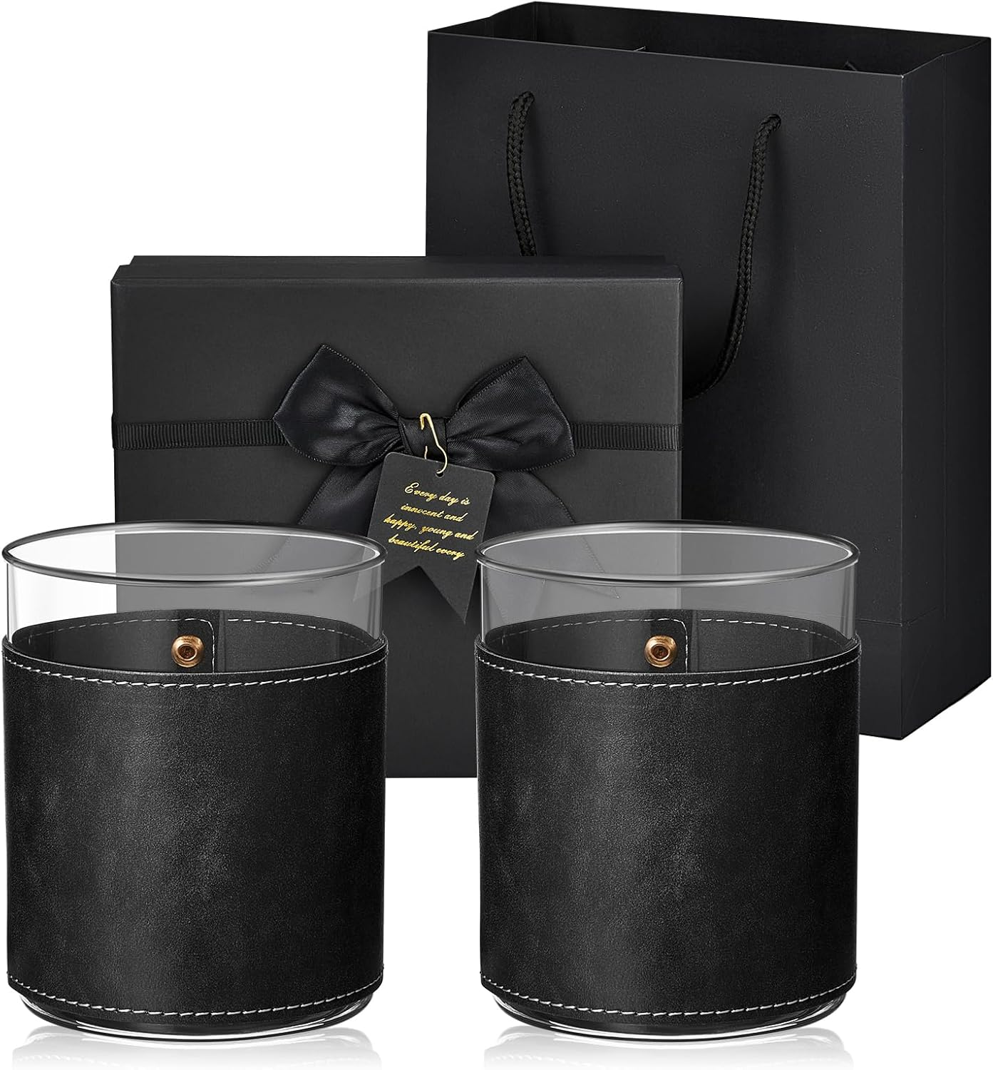 2 Sets 11.5 Oz Leather-Wrapped Whiskey Rocks Glasses - Gift Ready