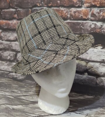 VINTAGE WESTEND PLAID FEDORA HAT SZ S/M BLACK IVORY BLUE COTTON BLEND 