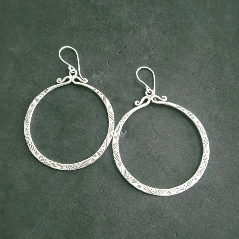 PENDIENTES PLATA FINA 925 ARTESANÍA ESTERLINA Cuelgan 9g Aro Redondo Vintage 23814 Foto 4 de 4