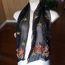 Sheer black embroidered rectangle scarf with beading
