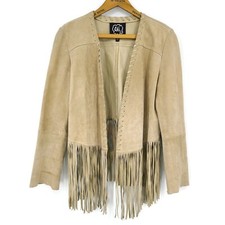 Chi By Falchi Leather Fringe Jacket Womens Xs Long Sleeve Open Front