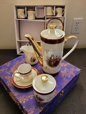 YS 17 Pcs Fine PORCELAIN Miniature Tea Set Gold Painted with Lady and gentleman