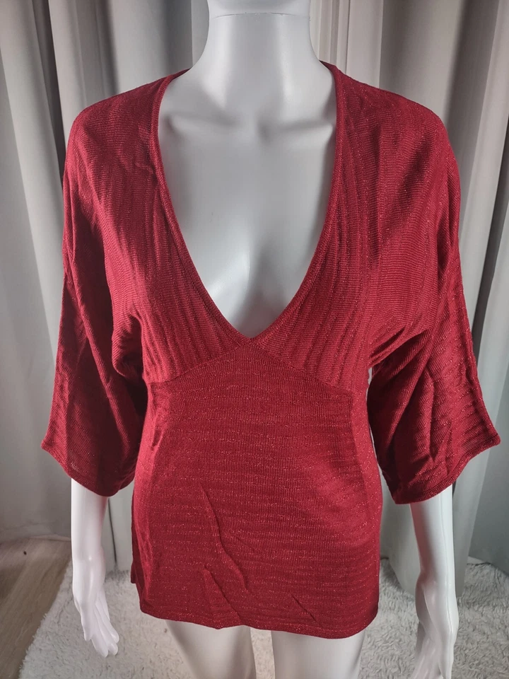 New York & Company Women's Red Sparkle V-Neck Elbow Sleeve Knit Top Size Small - Image 3 of 4